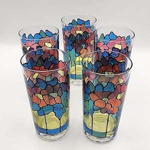 Vintage Irene Pasinski Stained Glass Highball Drinking Water Tea Glasses - Set of 5 - Free Shipping