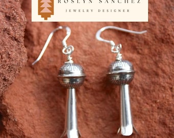 Navajo Sterling Silver Squash Blossom Earrings Native Stamped Bead Oxidized Squash Blossom Earrings
