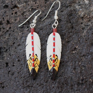 Tribal, Feathers, Southwest Earrings, Hand Carved Bone, Hand Painted