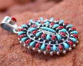 Petit Point Pendant, Coral Turquoise Needlepoint, Zuni Pueblo Jewelry, Traditional Southwestern Pendant, Western Pendant, Taos Pendant