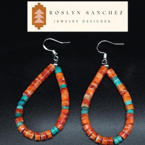 Orange Spiny Oyster & Blau Türkis Heishi Ohrringe Feuer Wasser Schmuck