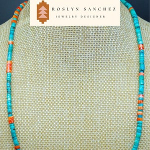 FIRE AIR Spiny Oyster & Blue Turquoise Necklace 4mm Heishi Unisex Jewelry Southwest Western Native Jewelry Geometric Jewelry Pueblo