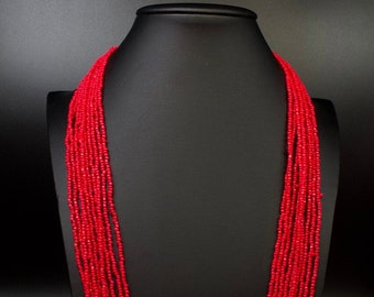 Native Glass Seed Bead Multi-Strand Necklace, Red 10 Strands, New Mexico Necklace Southwest Jewelry