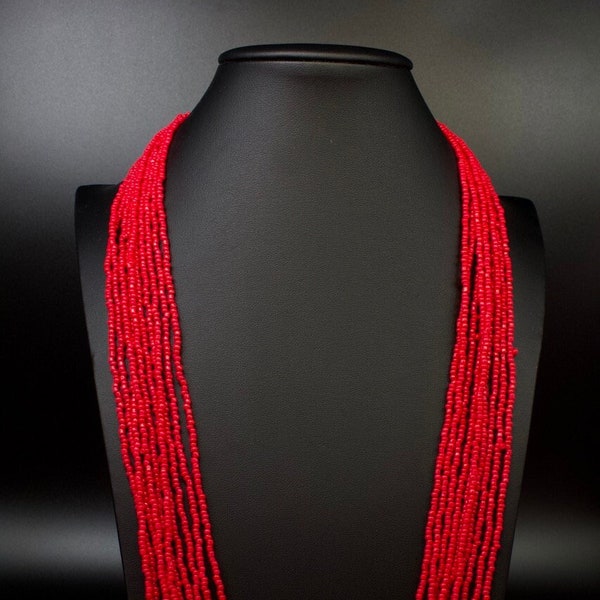 Native Glass Seed Bead Multi-Strand Necklace, Red 10 Strands, New Mexico Necklace Southwest Jewelry