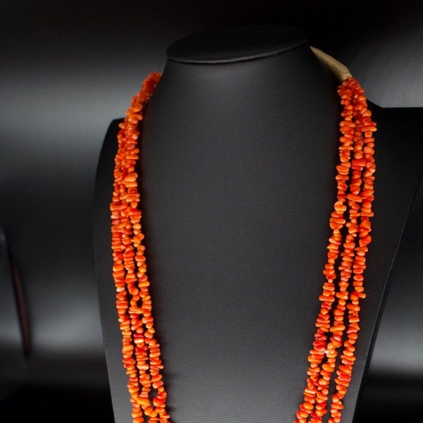 Red Orange Chip Coral Necklace Multi Strand Necklace Coral Jewelry Silken Cotton Wrapped