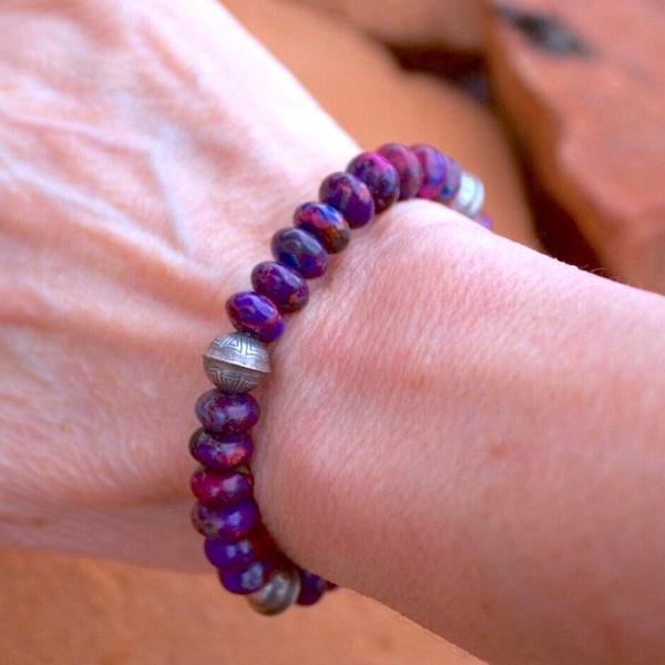 Mojave Purple Turquoise Beaded Bracelet Purple Native American Jewelry Navajo Sterling Beads Purple & Blue Turquoise