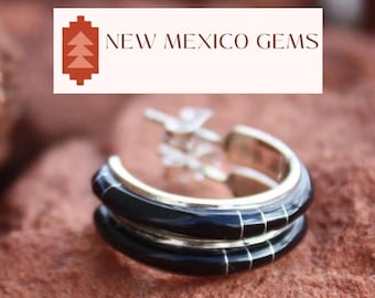 Black Onyx Earrings Onyx Hoop Earrings Minimalist Zuni Inlay
