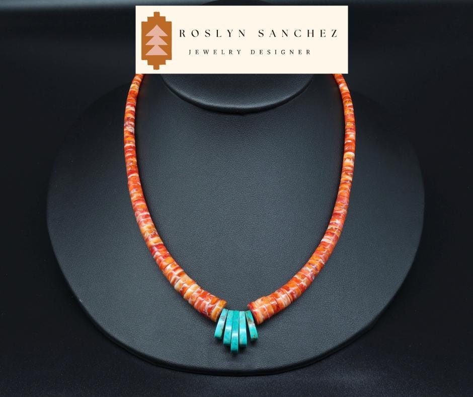 Jacla Graduated Spiny Oyster & Blue Turquoise Necklace/Choker Pueblo Jewelry Artist Jewelry Unisex Natural Southwest Jewelry Western Native