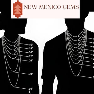 May include: Silhouettes of two people showing different necklace lengths in inches, from 16 inches to 36 inches.  NEW MEXICO GEMS is written at the top of the image.
