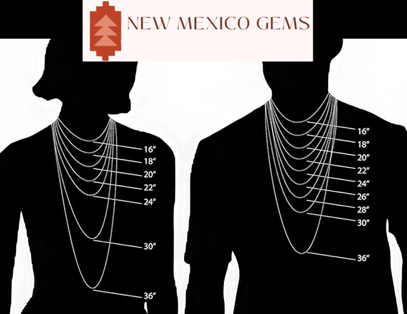May include: Silhouettes of two people showing different necklace lengths in inches, from 16 inches to 36 inches.  NEW MEXICO GEMS is written at the top of the image.