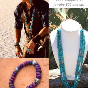 May include: A turquoise and silver necklace, a turquoise and silver bracelet, and a turquoise and silver ring. The jewelry is displayed on a white background. The text "Desert Style @ New Mexico Gems" is displayed above the jewelry. The text "FREE shipping on jewelry $35 and up." is displayed below the jewelry. The text "Etsy- NewMexicoGems Web- newmexicogems.com Instagram- new.mexico.gems" is displayed below the jewelry.
