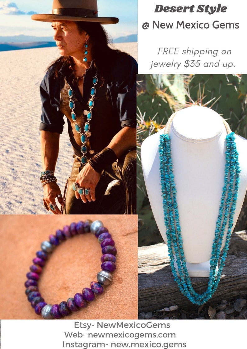 May include: A turquoise and silver necklace, a turquoise and silver bracelet, and a turquoise and silver ring. The jewelry is displayed on a white background. The text "Desert Style @ New Mexico Gems" is displayed above the jewelry. The text "FREE shipping on jewelry $35 and up." is displayed below the jewelry. The text "Etsy- NewMexicoGems Web- newmexicogems.com Instagram- new.mexico.gems" is displayed below the jewelry.