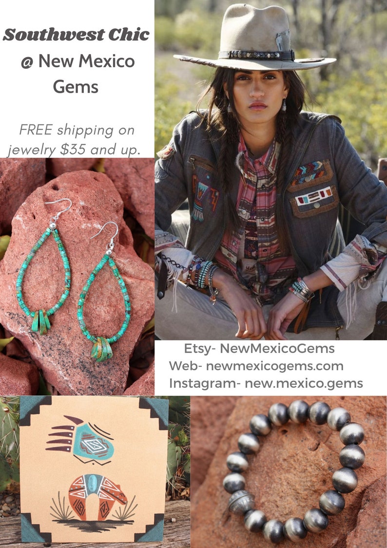 May include: Southwest Chic jewelry featuring turquoise and silver earrings and a bracelet. The earrings are teardrop shaped with turquoise beads and silver accents. The bracelet is made of silver beads. The image also includes a painting of a bear with turquoise accents.