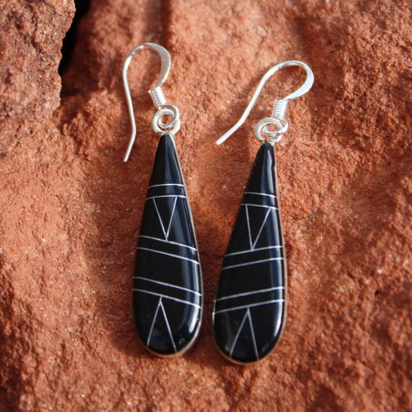 Zuni Inlay Onyx Earrings Native Abstract Inlay Southwestern Jewelry Black Onyx Earrings