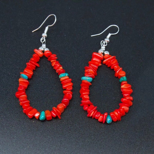 Coral Hoop Earrings, Healing Stone, New Mexico Native Made, Coral Chips, Natural Stone Jewelry