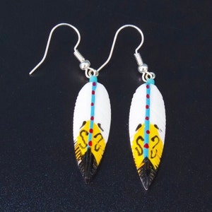 Feather Earrings, Handpainted Bone, Indigenous Jewelry, Hand Painted Feathers, Tribal Jewelry