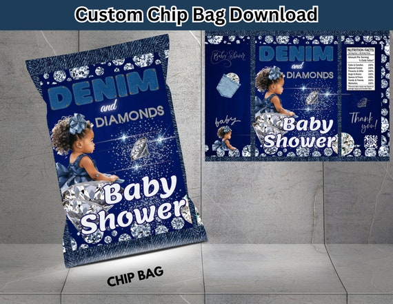 Printable Denim and Diamond Baby Shower Chip Bag|  Party Favor| Instant Download