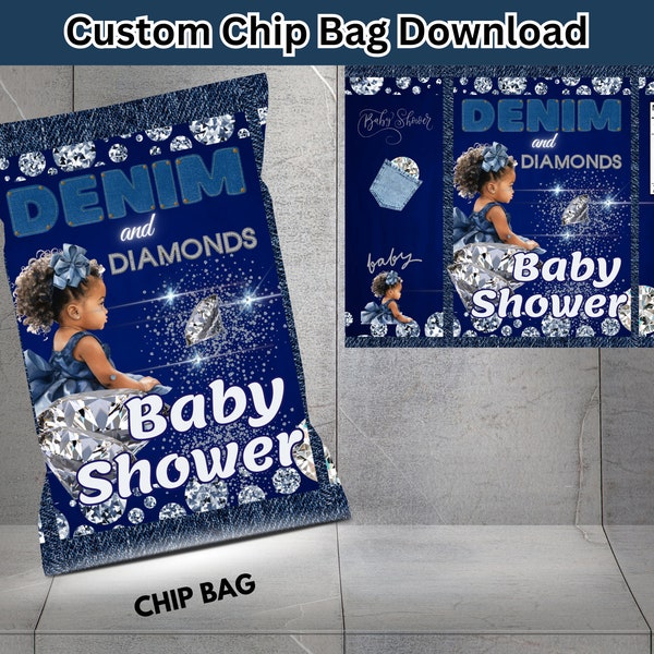 Printable Denim and Diamond Baby Shower Chip Bag|  Party Favor| Instant Download