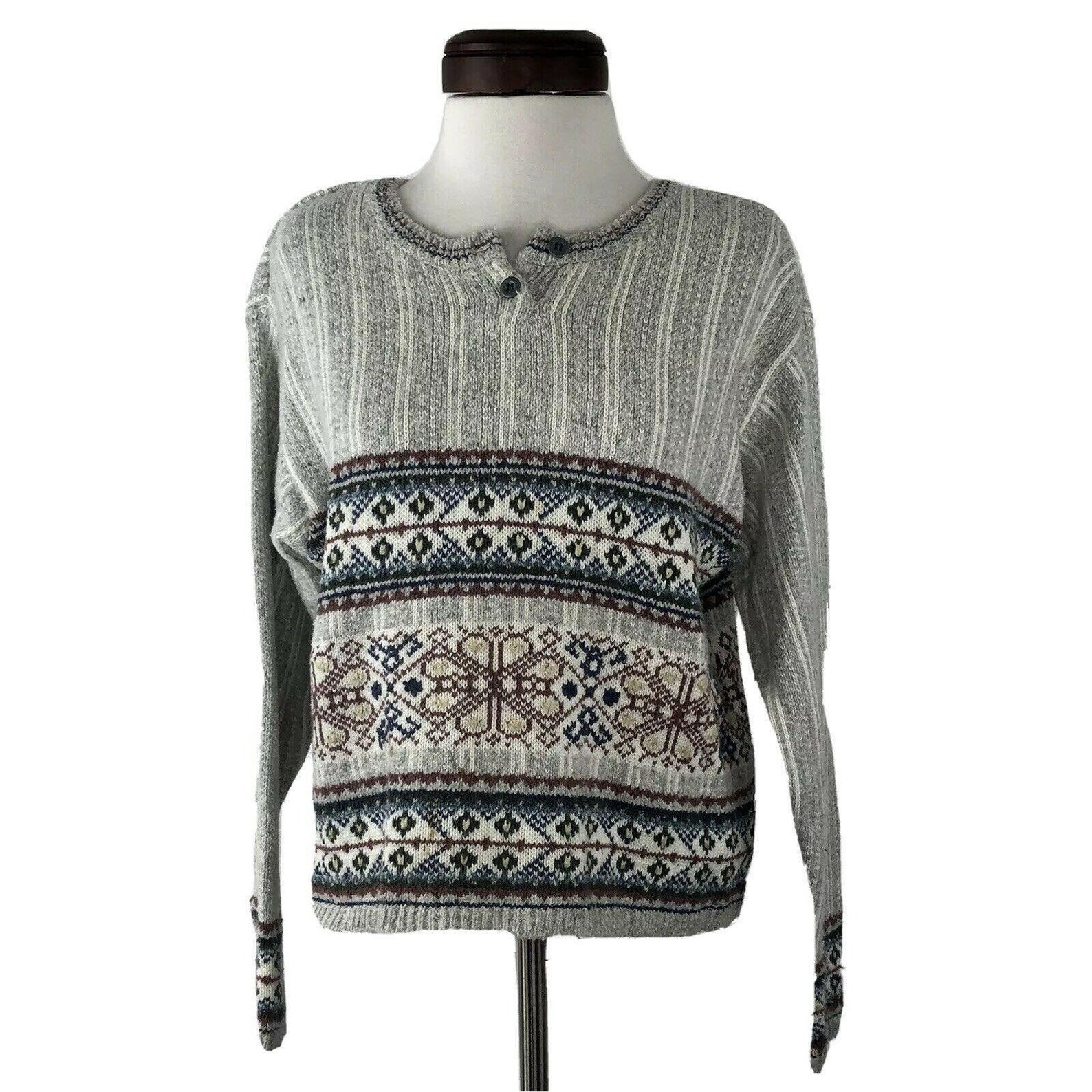 Liz Wear Vtg 80s Grey Fair Isle Sweater Womens M - Etsy