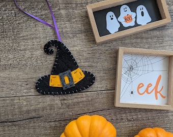 Hand Embroidered Felt Witch Hat Ornament - Halloween Decor