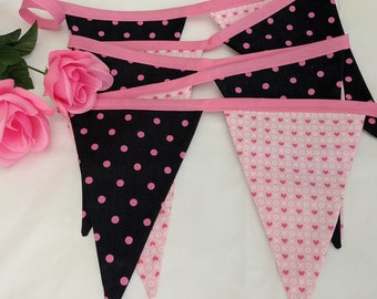 Valentine Bunting - Pink Polka Dots - Pink and Black Garland - XOXO Hearts -Valentine Mantel Decor -Hearts and Dots Banner -Pink White Black