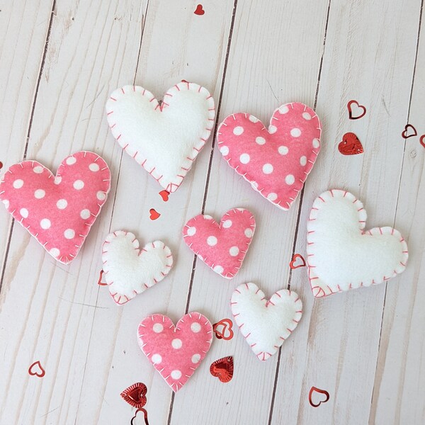 Valentine Bowl Filler-Felt Valentine Hearts-Felt Valentine Heart Pillows-Felt Hearts-Valentine Decor-Pink and White Hearts -Polka Dot Hearts