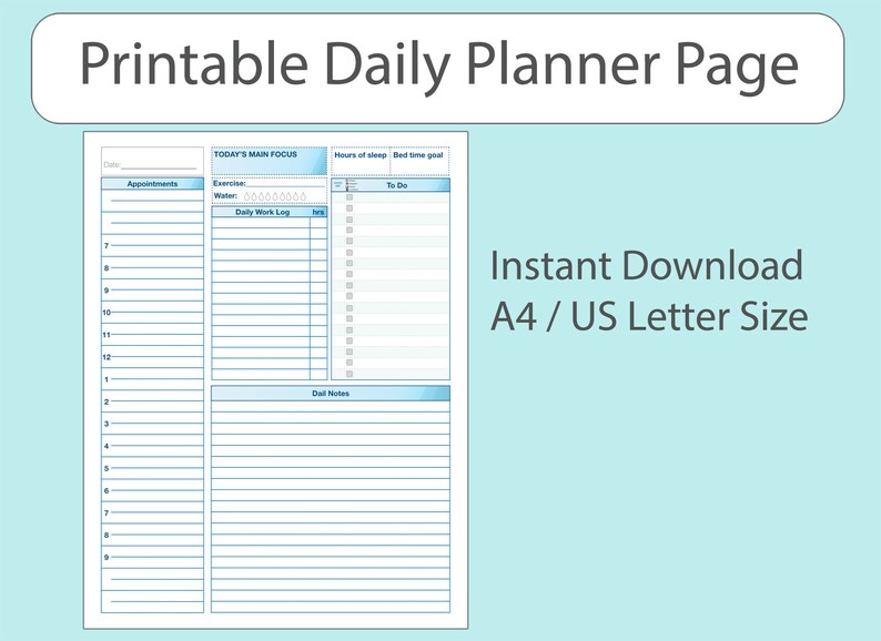 PRINTABLE DAILY PLANNER Page Instant Download Todo Task Manager