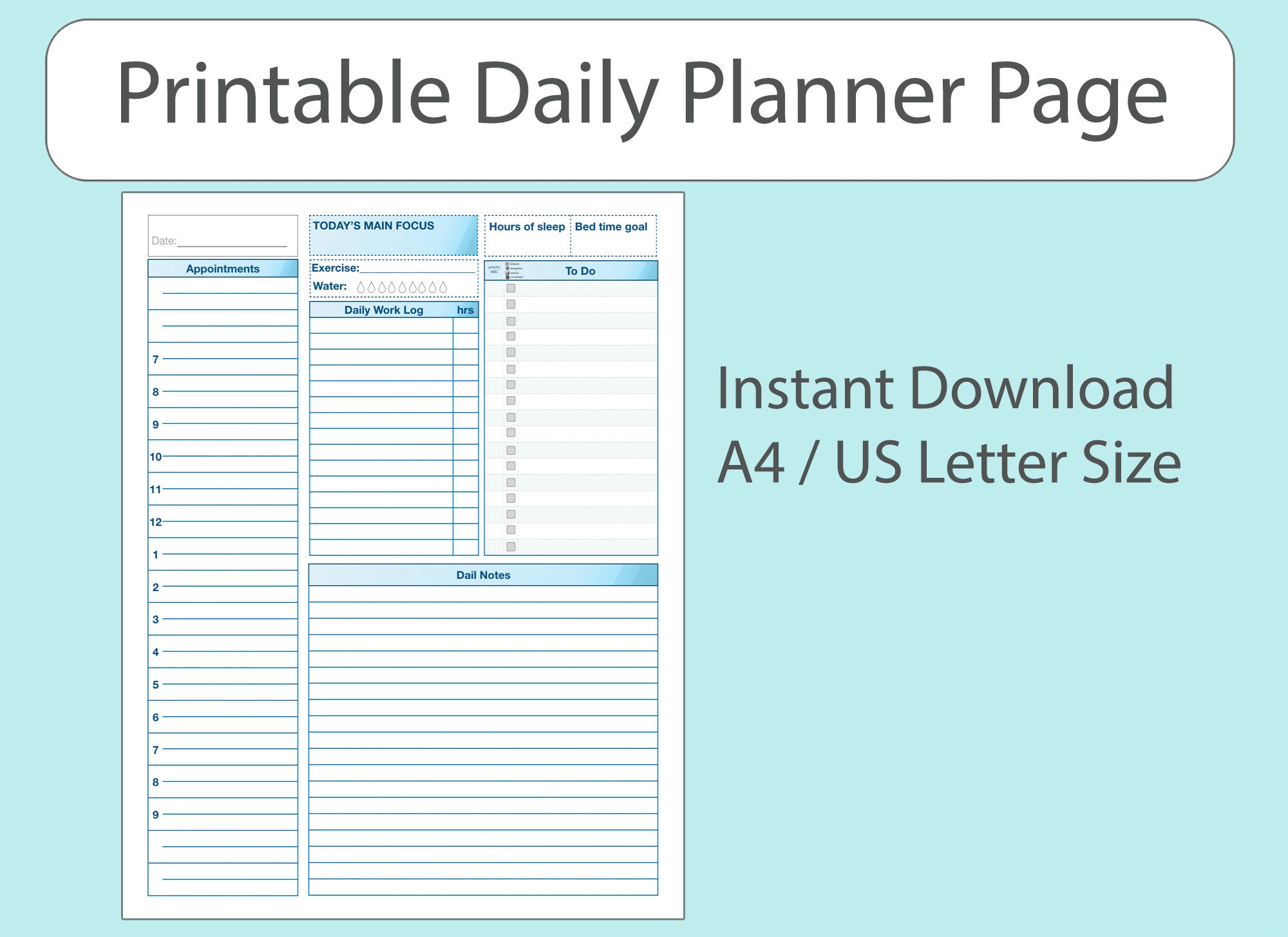 PRINTABLE DAILY PLANNER Page Instant Download Todo Task Manager
