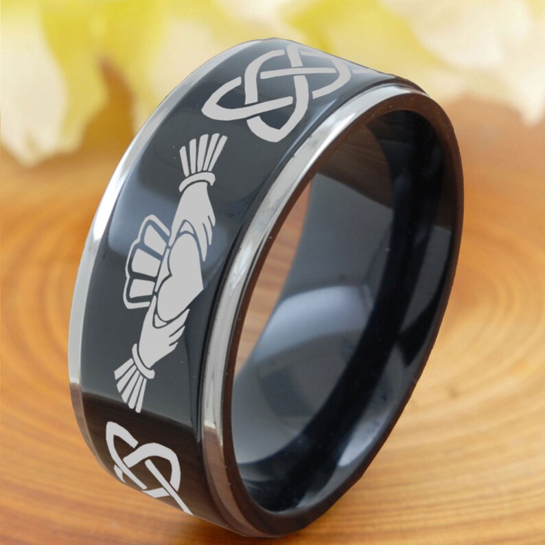 8mm Titanium Wedding Band Mens Promise Ring for Him Titanium Engagement Ring Celtic Irish Claddagh Titanium Engraved Ring