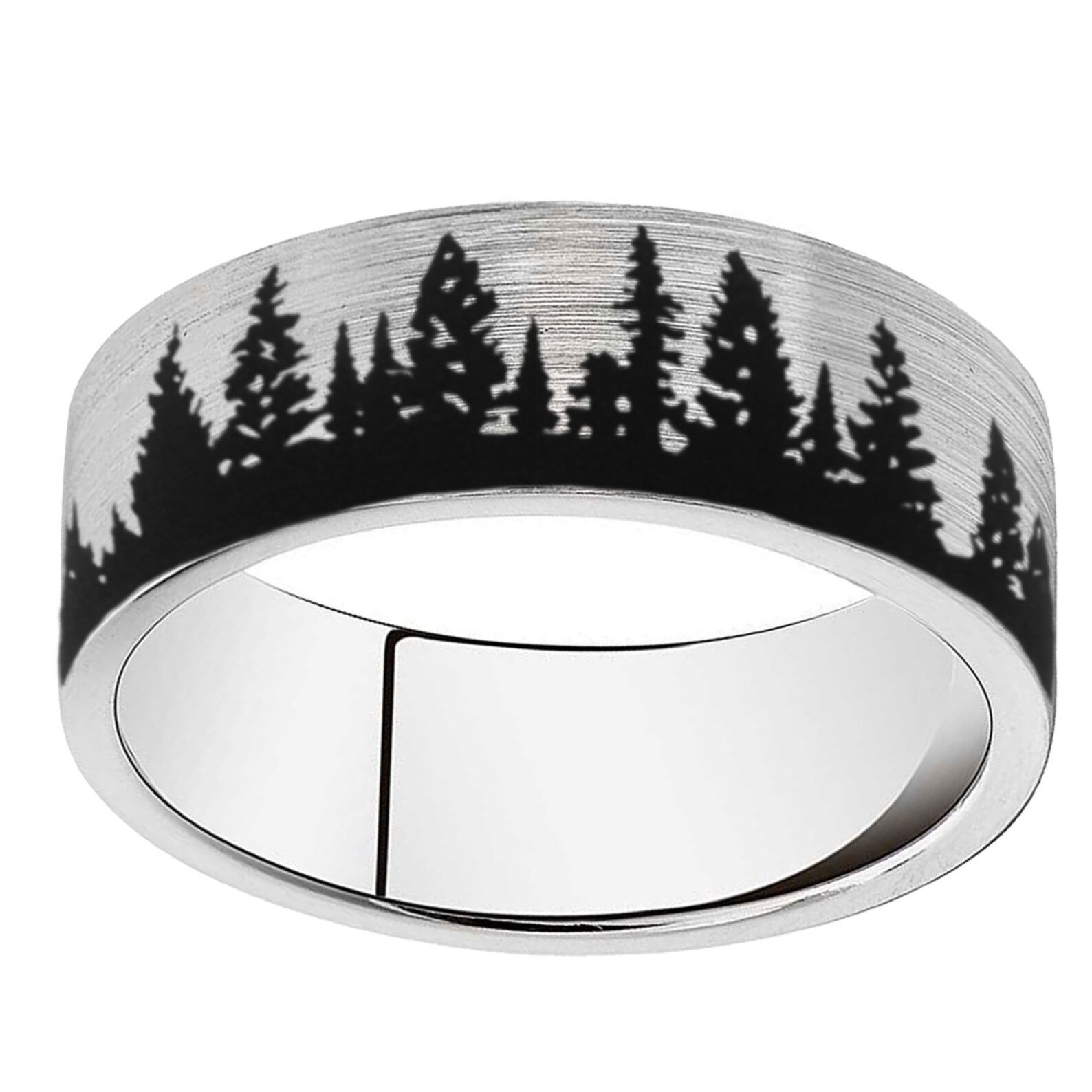 8mm Pine Tree Forest Ring Sterling Silver Mens Wedding Band Etsy