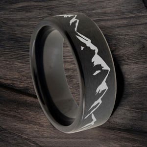 Engraved Titanium Mountain Landscape Ring, Nature Band