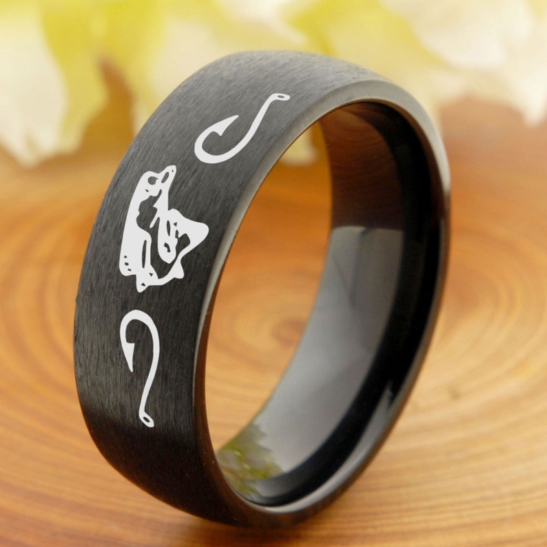 Dome Black Titanium Ring Silver Titanium Engagement Band Free Engraving Mens Promise Ring 8mm Titanium Fish and Hooks Ring