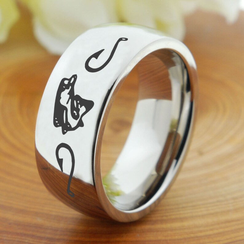 Dome Black Titanium Ring Silver Titanium Engagement Band Free Engraving Mens Promise Ring 8mm Titanium Fish and Hooks Ring