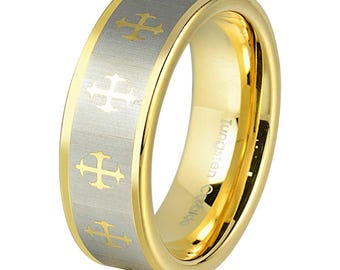 Christian Cross Two Tone Gold Tungsten Carbide Wedding Band, Personalized Ring