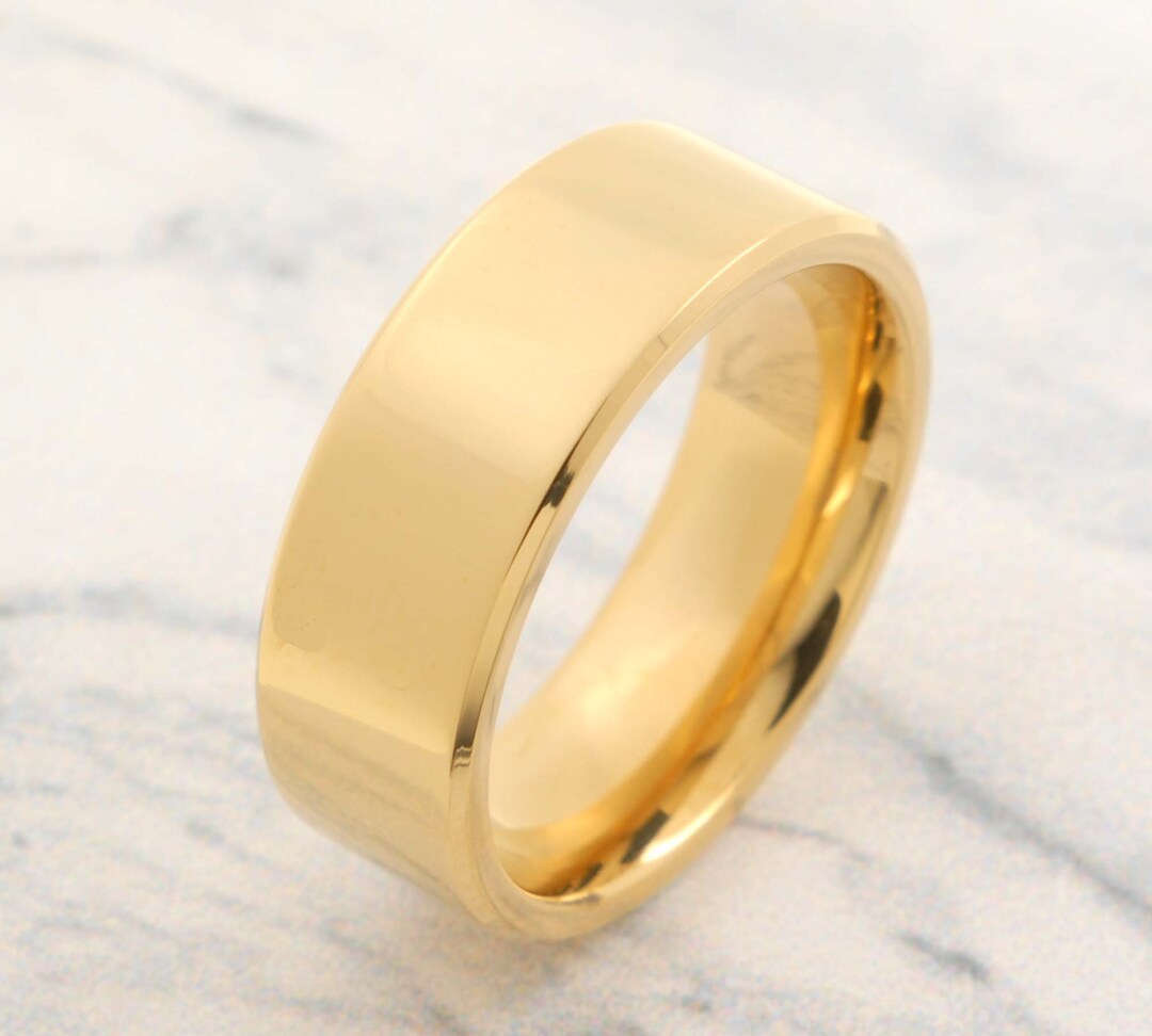 8mm Flat Top Glossy Gold Titanium Ring Wedding Band Mens - Etsy