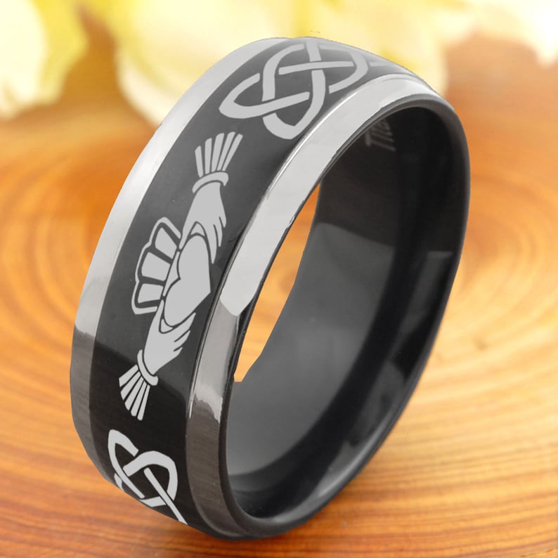 8mm Titanium Wedding Band Mens Promise Ring for Him Titanium Engagement Ring Celtic Irish Claddagh Titanium Engraved Ring