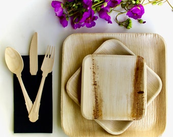 Palm Leaf Plates Set | 10x 9.5" + 10x 7" + 10x 6" Square Plates + 30pc Cutlery | Disposable Party Tableware | Eco Compostable