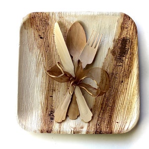disposble Wooden Birch  cutlery set 25 fork  25 spoon 25 knife elegant and 25 pice palm leaf plates 9.5&quot; compostable and Biodegradable