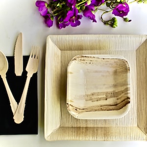Bamboo Type palm leaf plate Squares Deep  10&quot; - 6&quot; Square Bowl 6&quot;  - Cutlery Birch wood elegant - Biodegradable disposable