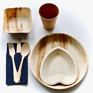 party palm leaf plates 10&quot; Round  -6&quot;  Heart  6&quot; Bowl- Utensils - paper cup - napkins - disposable - disposable - eco friendly - weeding