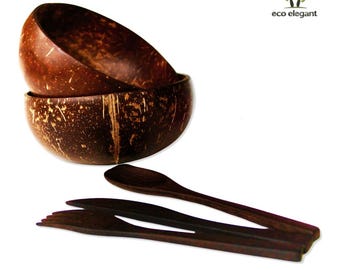 Coconut Shell Gift Set for Two- Bowls with Fork Spoon Knife | Natural Eco Friendly Organic | Zero Waste