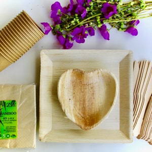 Bamboo Type  palm leaf plates 10 pic 10&quot; Square deep 10 pic 6&quot; Heart 10 pic Cup -30 pic cutlery 50 pic bamboo napkin