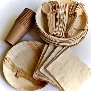 May include: A set of disposable palm leaf plates, bowls, cups, spoons, forks, and knives. The set also includes a stack of brown paper napkins.