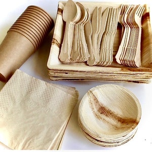 Foglia di palma artigianale di tipo bambù, quadrata profonda 10" - Ciotola da 5" - Tovagliolo - Tazza Kraft - Posate in legno di betulla usa e getta - Biodegradabile