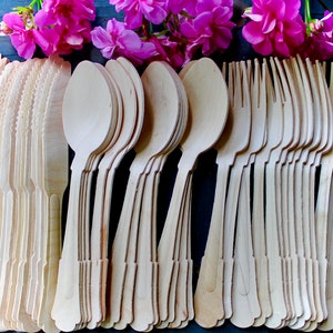 disposble wooden cutlery Set from birch wood  Fork -Spoon - Knife compostable and Biodegradable heavy duty  Birthday party