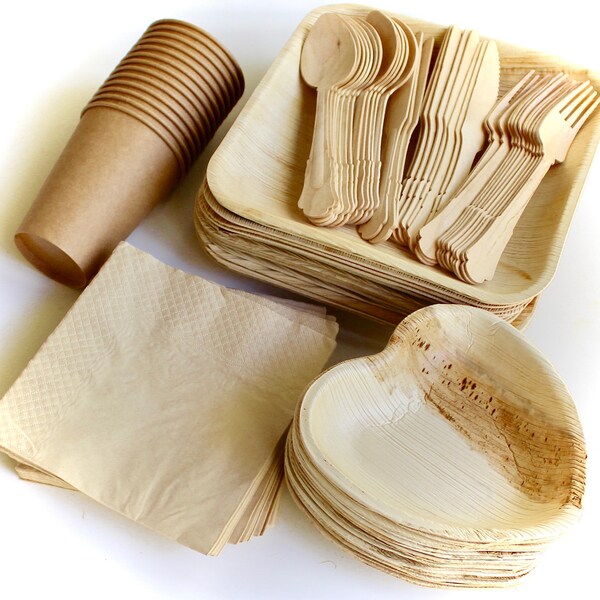 assiettes en feuille de palmier de fête 9.5" Square -6" bol carré - Ustensiles - gobelet en papier - serviettes - jetables - jetables - écologiques - désherbage