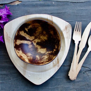 palm leaf plates disposable 5 pieces 8x8x8   pieces 5" Couconat shell 15 pic cutlery composable Biodegradable eco frindly