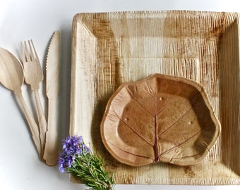 Bamboo palm leaf Plate  Square Sustainable 25  pice 10" Square Deep and 25 pice 7" Sea Grape natural Leave compostable 75 pic cutlery