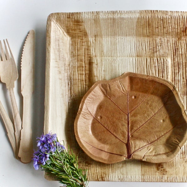 Bamboo palm leaf Plate  Square Sustainable 25  pice 10" Square Deep and 25 pice 7" Sea Grape natural Leave compostable 75 pic cutlery