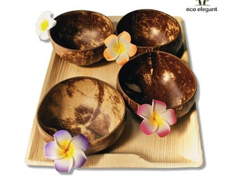 Coconut Shell Bowls Set | 4 Regular Bowls with Flower Design | Dessert Ice Cream Bowls | Natural Eco Friendly Tableware
